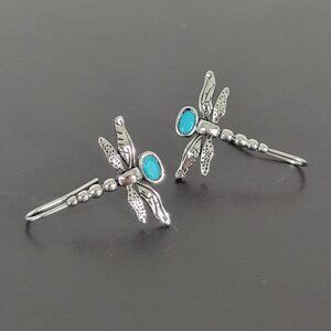 Dragonfly Simulated Moonstone Hook Dangle Earrings Silver Tone Wings Bug Insect